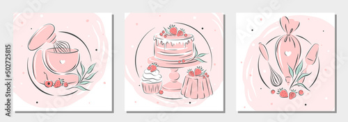 Cake shop logo. Set of design for pastry and bread shop.Planetary stationary dough mixer, kitchen tools and cakes and berries. Vector illustration