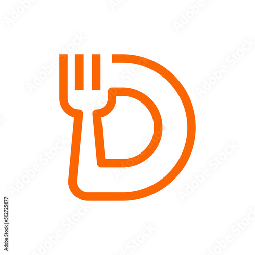 Logotipo restaurante con letra D con silueta de tenedor en plato con líneas en color anaranjado