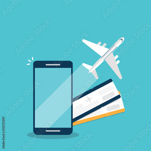 Booking online tickets .Buy or check in. Vector Illustration of online ticket, tourism and travel, vacation and journey by plane.