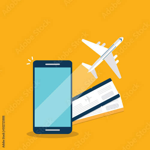 Booking online tickets .Buy or check in. Vector Illustration of online ticket, tourism and travel, vacation and journey by plane.