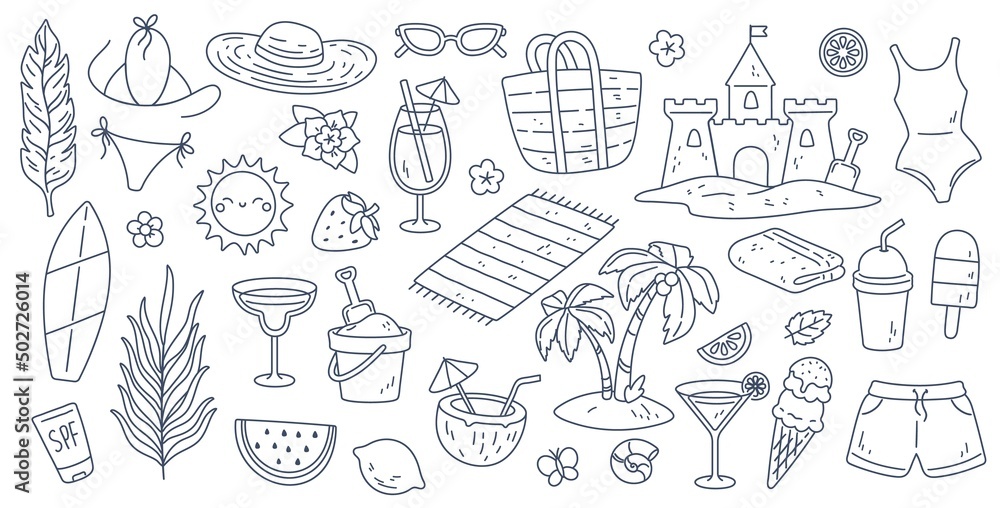 Hand drawn summer doodles, beach party, vacation and travel doodle elements. Tropical leaves, fruits and cocktails sketches, cute summertime line stickers vector set