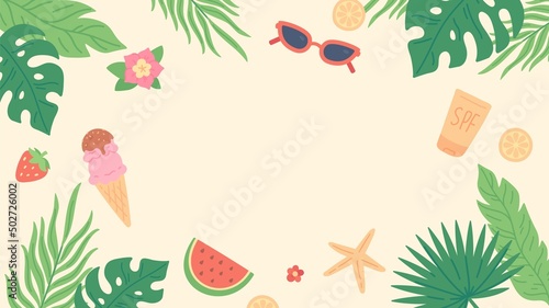 Summer banner with leaves and flowers, summertime background template. Pool or beach party poster template with cocktails and ice cream, tropical vacation card vector illustration