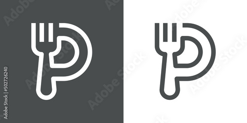 Logotipo restaurante con letra P con silueta de tenedor en plato con líneas en fondo gris y fondo blanco