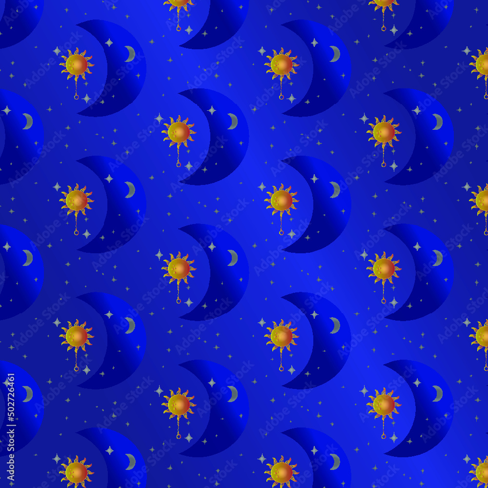 Night ornament in the form of the sun, moon and stars on a dark blue background. Children's, luxurious dark blue wallpaper. Background for covers, flyers, ads, labels, posters, banners and invitations