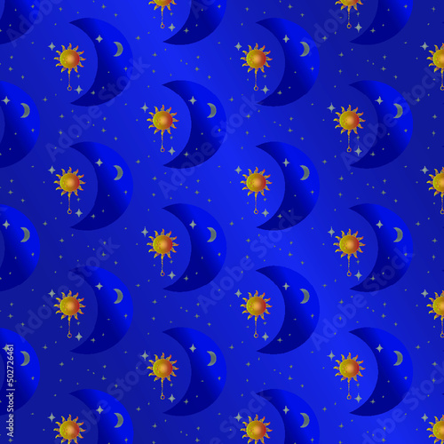 Night ornament in the form of the sun, moon and stars on a dark blue background. Children's, luxurious dark blue wallpaper. Background for covers, flyers, ads, labels, posters, banners and invitations