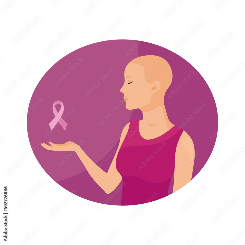 Vector portrait of a woman holding pink breast cancer awareness ribbon Vector portrait of a woman holding pink breast cancer awareness ribbon