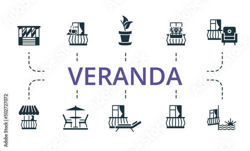 Veranda set icon. Editable icons veranda theme such as balcony furniture, chaise lounge, awning and more.