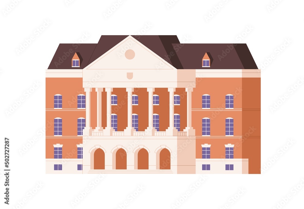 Public building facade exterior. Outside of university, school construction. Classic architecture of municipal structure, authority establishment. Flat vector illustration isolated on white background