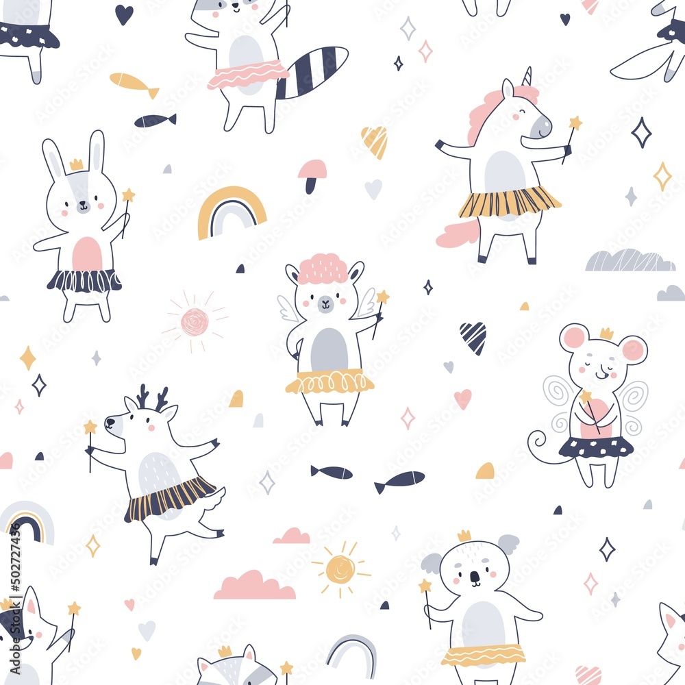 Seamless Scandinavian pattern with cute animals. Endless background with childish repeating print with baby characters. Scandi nursery texture. Flat vector illustration for kids textile, fabric
