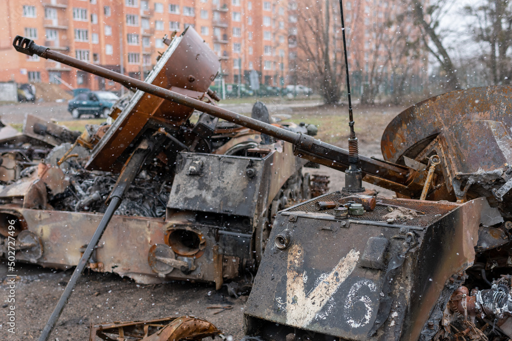 Military army vehicle tank on tracks with barrel during Ukraine war