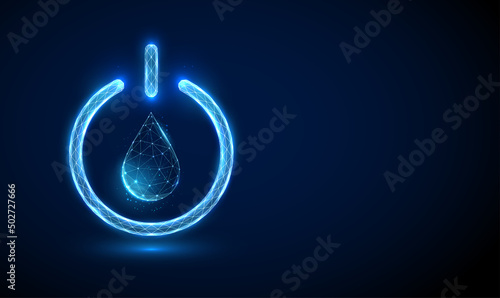 Abstract blue water drop inside the glowing power button.