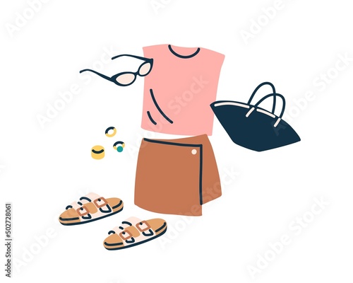 Women summer clothes and accessories. Female holiday outfit with sunglasses, mini skirt, bag, jewelry. Modern summertime vacation apparel. Flat vector illustration isolated on white background