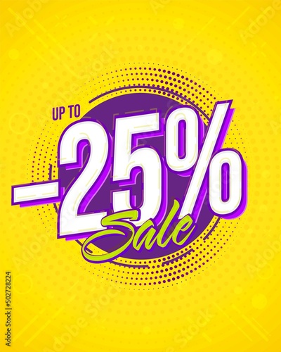 Up to 25 percent off discount sale promotion. Shop special offer advertisement. Banner, poster flyer or coupon for retail marketing vector illustration. Cheap purchase, online shopping concept