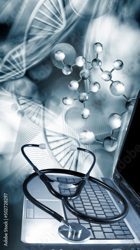 3d image consists of a stethoscope that lies on a laptop against the background of DNA chains flying in space