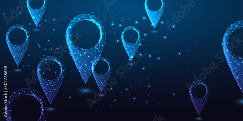 Futuristic pin location markers, journey destination concept with glowing low poly gps pin symbols