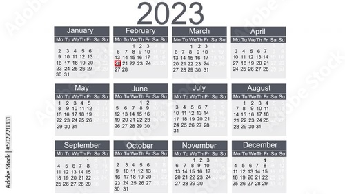 Calendar year 2023. Animation calendar date, alpha channel enabled. Cartoon