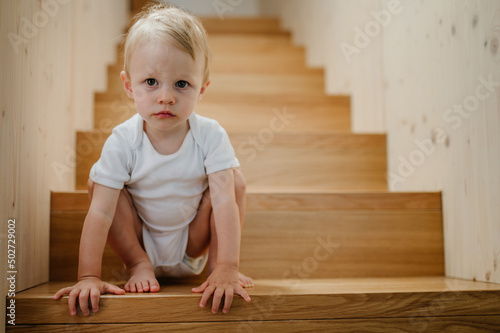 Cute little boy sitting on stairs at home and looking at camera. © Halfpoint