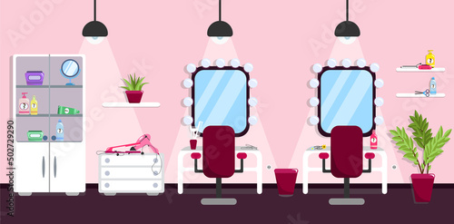 Vector illustration of a beautiful hair salon. Cartoon hairs salon with a place for a haircut, flowerpots, bedside table, shelf and cabinet with hairdresser's equipment.