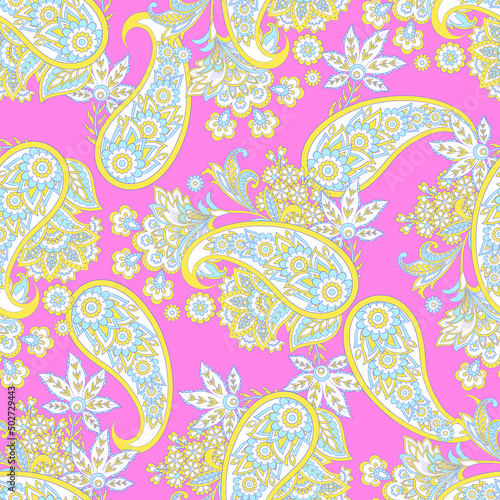 Paisley vector seamless pattern. Fantastic flower, leaves. Textile bohemian print. Batik painting. Vintage