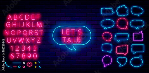 Lets talk neon signboard. Shiny pink alphabet. Speech bubble frames collection. Vector stock illustration