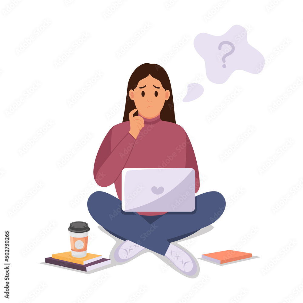 Woman sits at a laptop. Flat vector illustration of freelance, work at home, work, office, education. Remote work and communication in social networks. Cartoon style