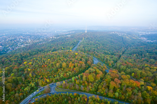 Cityscape of Stuttgart city in a foggy day, Germany.