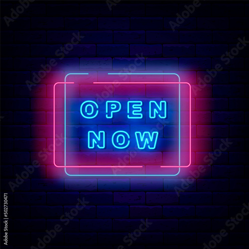 Open now neon signboard. Rectangular frame. Shop advertising. Marketing promotion. Vector stock illustration