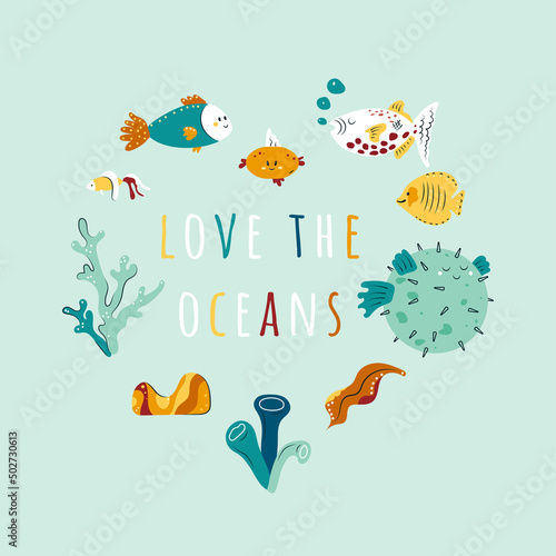 Heart composition with happy marine animals and underwater creatures living in sea. Cute design elements with ocean flora and fauna. Flat cartoon vector illustration for kids print, wrapping paper