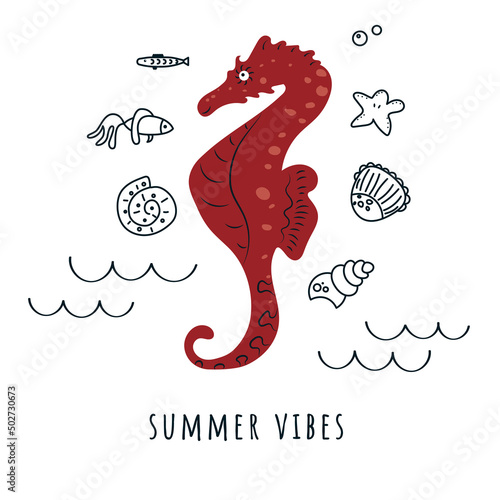 Cute cartoon seahorse fish, summer sea animals doodle set. Flat cartoon vector illustration for kids design, print, card