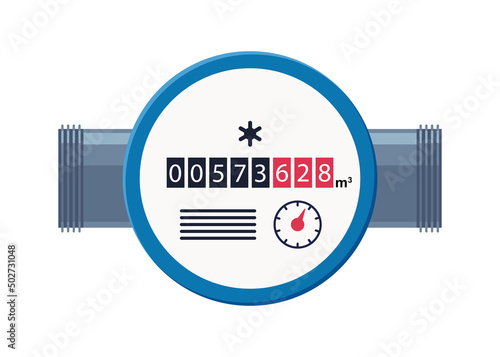 Water meter. Automatic meters for cold and warm water. Household or industrial measuring sanitary equipment in flat style. Vector illustration isolated on white background.