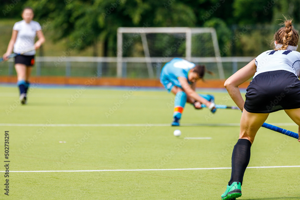 Young woman field hockey player in defense position on the game. Young woman field hockey player in defense position on the game.