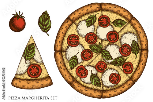 Pizza hand drawn vector illustrations collection. Colored pizza margherita.