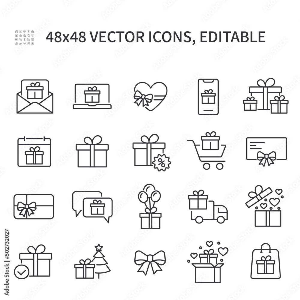 Simple vector line icons related to gift boxes. Contains such icons as heart shaped gift, bow, balloons, discounts, gift phone, and more. Simple vector line icons related to gift boxes. Contains such icons as heart shaped gift, bow, balloons, discounts, gift phone, and more.