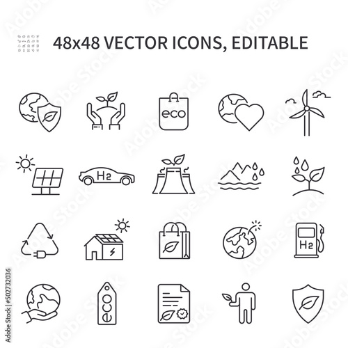 Simple vector line icons. On the theme of ecology contains icons such as solar panels, ecology, hydrogen car, eco bags, nature protection document, windmill, love for the earth, nature protection
