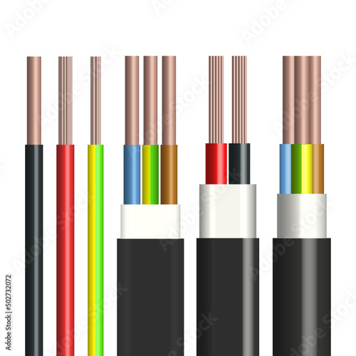 Flat and round cable with insulated copper conductors, vector illustration.
