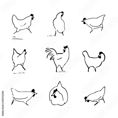Set of cute chicken hen doodle drawing for yours design and print.