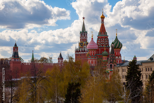View of the center of Moscow. Basil's Cathedral against the backdrop of the Kremlin wall
