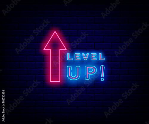 Level up neon signboard. Passing online computer game, a new level. Arrow frame. Vector stock illustration