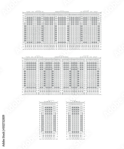 Set of multistory building facades, architectural vector blueprint