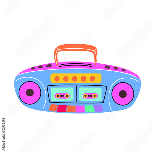 Classic 90s elements in modern style flat, line art style. Vector illustration of record player, audio tape recorder, ghetto boom box. Fashion patch, badge, emblem, logo
