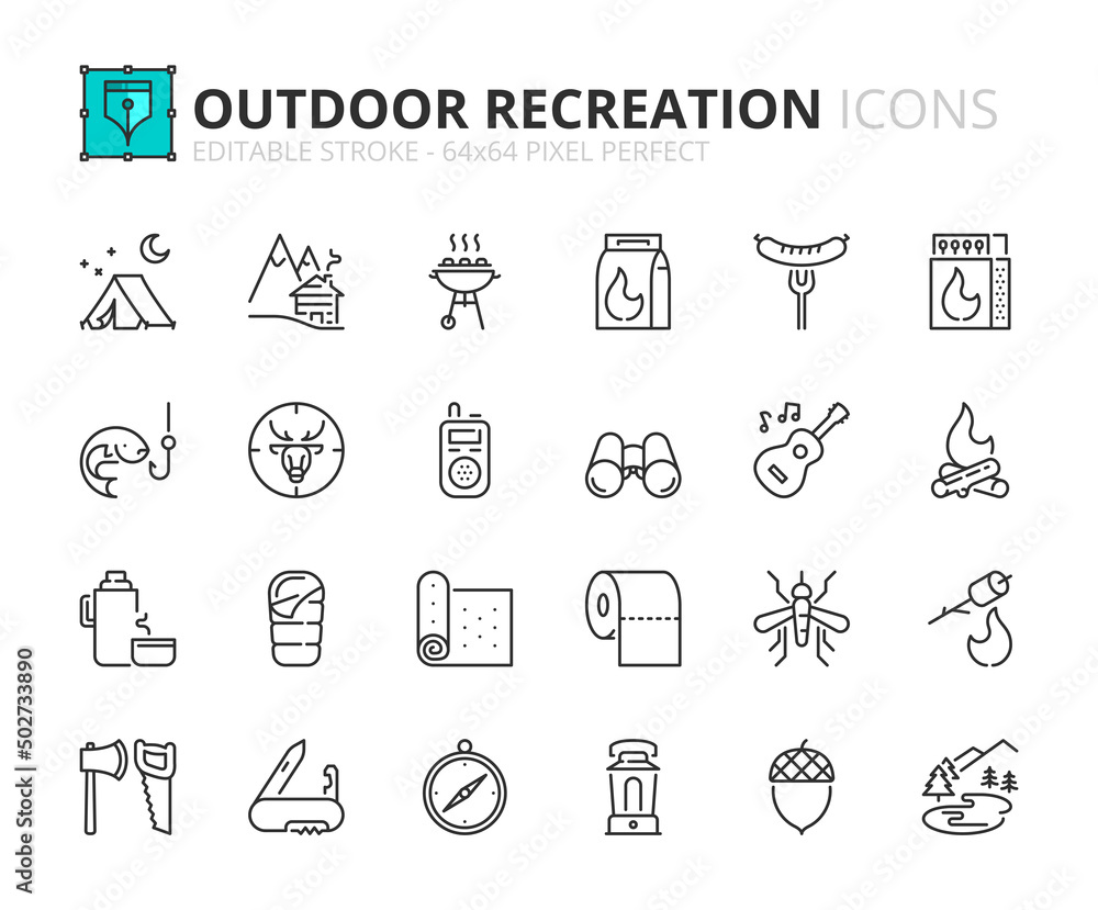 Simple set of outline icons about outdoor recreation Simple set of outline icons about outdoor recreation