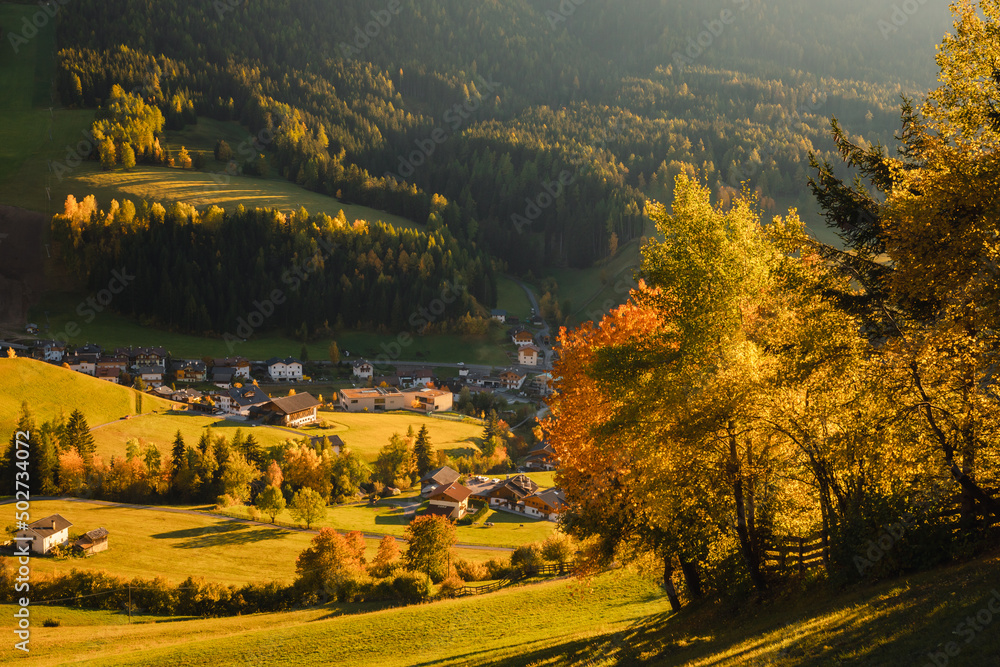 Autumn sunset in Val di Funes in the Italian Dolomites. Fall colors create beautiful contrasts with the blue sky.