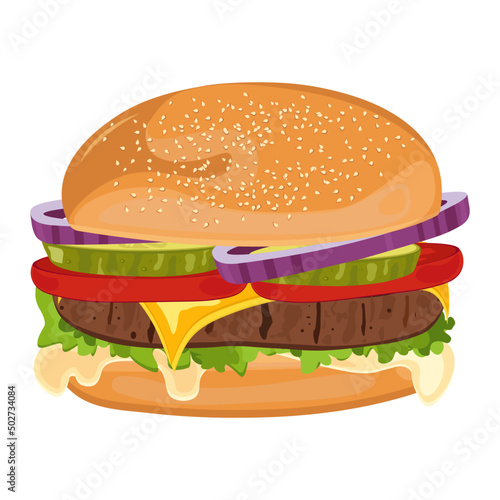 Vector illustration of burger with delicious meat, tomatoes, and vegetables. Fast Food. 