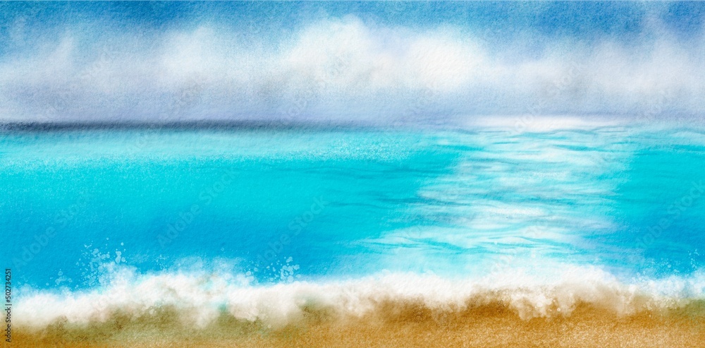 Watercolor illustration - Seascape: sea, ocean, water, beach, sky, waves, clouds