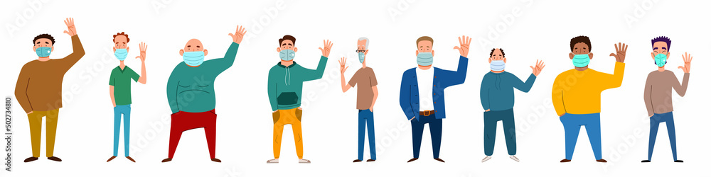 Fashionable men in medical masks say hello. A set of flat vector illustrations with a gesture of greeting people.