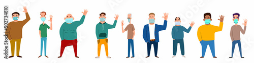Fashionable men in medical masks say hello. A set of flat vector illustrations with a gesture of greeting people. © Юлия Храмцова