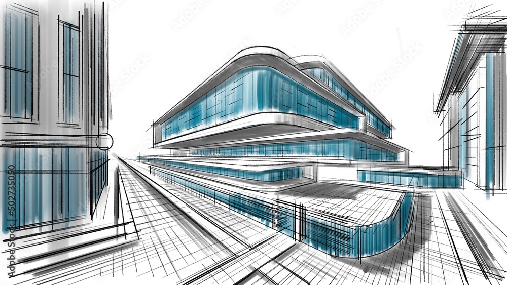 Architectural abstract sketch of a complex of buildings.