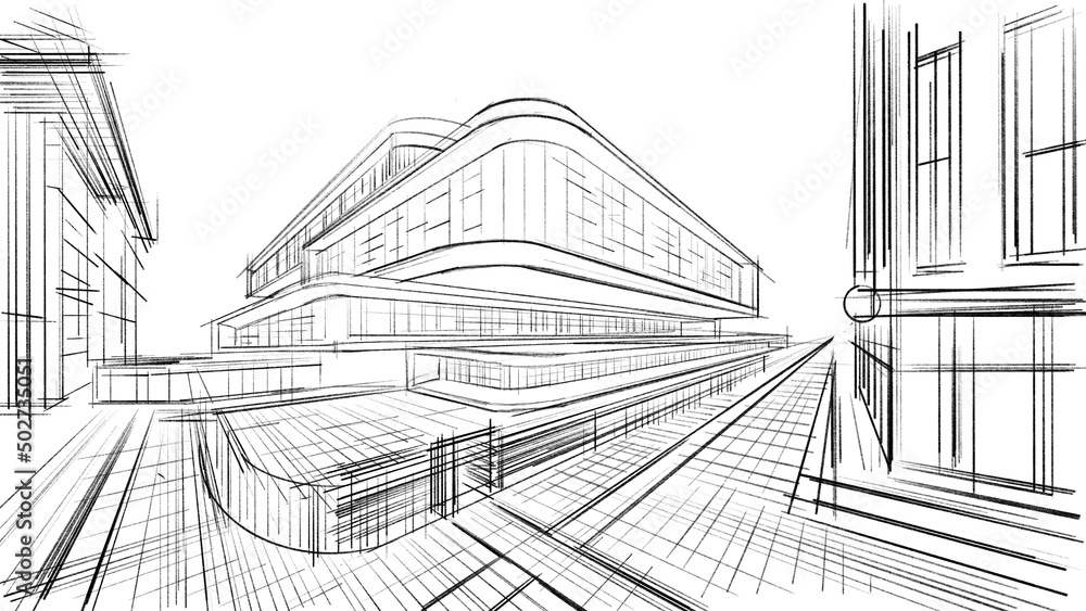 Architectural abstract sketch of a complex of buildings.