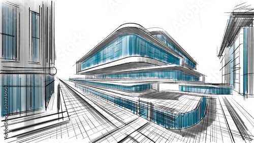 Obraz na płótnie Architectural abstract sketch of a complex of buildings. w salonie