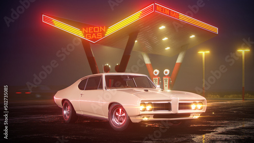 Neon gas station and retro car. Vintage cyberpunk auto. Fog rain and night. Color vibrant reflections on asphalt. Pontiac GTO. 3D illustration. photo